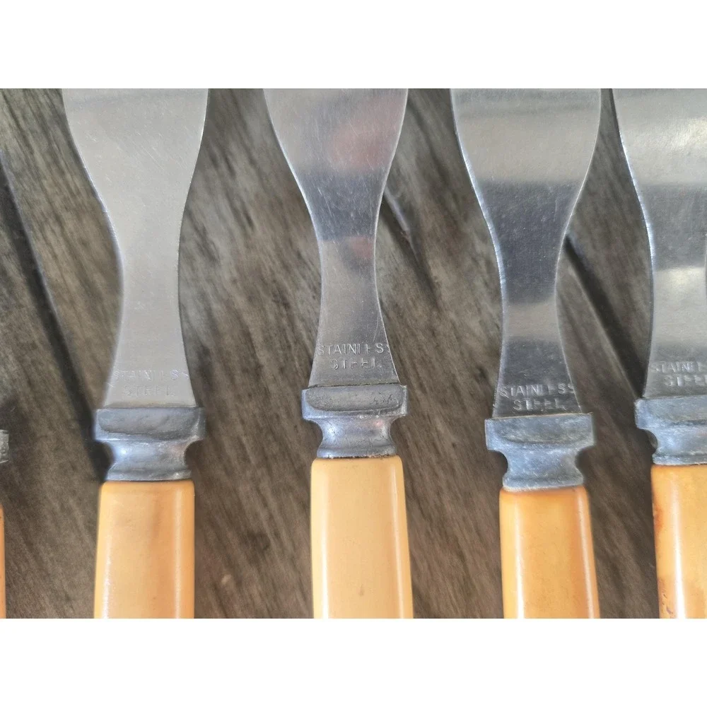 Vintage Butterscotch Bakelite 6 Forks Flatware Set Stainless Steel Art Deco MCM